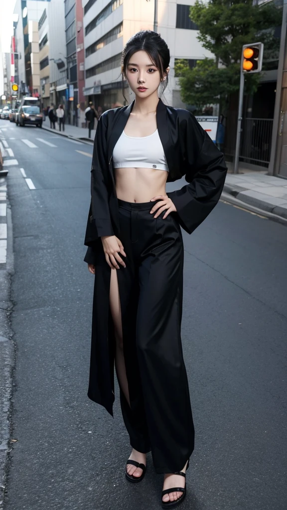 Japanese girl wearing a black robe jacket, wearing a crop top, trousers, wearing sandals, black hair details, has a slim stomach, photo on the sidewalk,