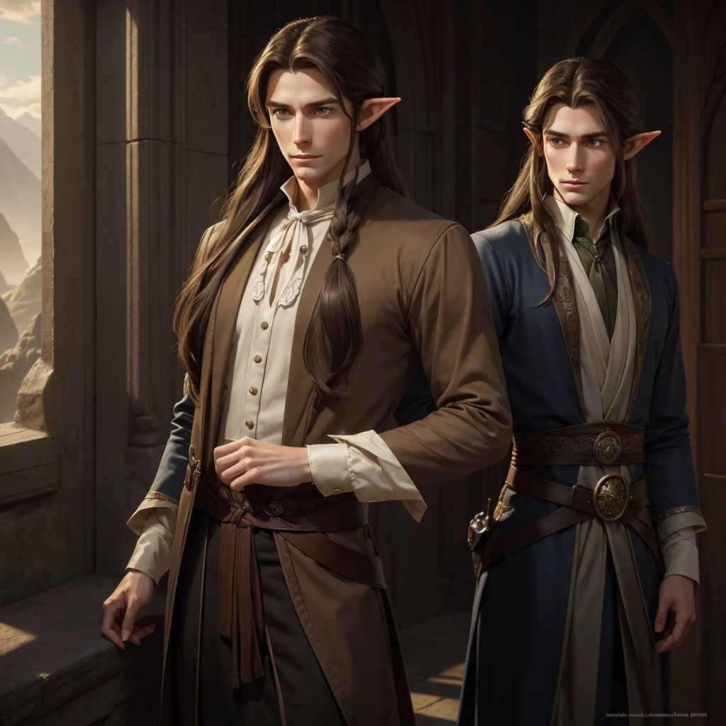 an elegant and personable half-elf, with a refined posture and delicate elven features inherited from his mother. His hair is long and brown, usually tied in a ponytail, and his eyes are a deep brown. He wears sophisticated clothes and always carries an air of mystery and knowledge. (digital art, fantasy art, RPG art)