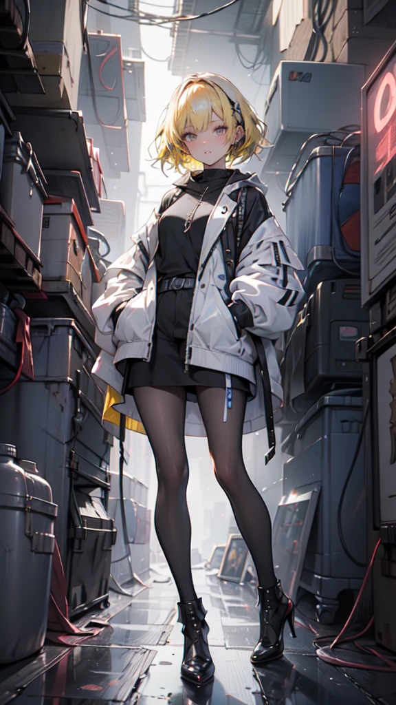 1 girl, short yellow hair, cyberpunk, Alice in Wonderland, black high heels, hand in pocket, best quality, 4k, 8k, highres, masterpiece:1.2, ultra-detailed, realistic, photorealistic, photo-realistic:1.37, HDR, UHD, studio lighting, ultra-fine painting, sharp focus, physically-based rendering, extreme detail description, professional, vivid colors, bokeh, concept art