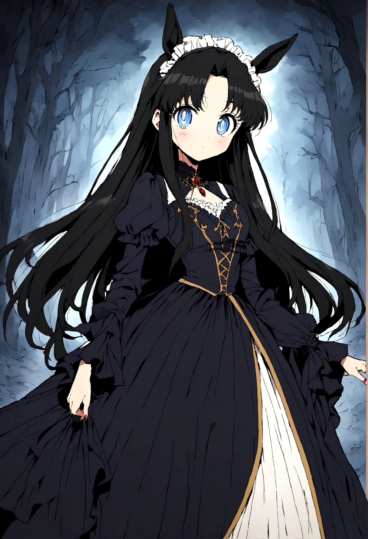 Anime girl with long black hair and blue eyes, Anime Moe Art Style, Gothic maiden anime girl, Gap Moe Yandere Grim Dark, Classic British Fashion: Ghostly Eyes and Dark Hair, 1 7 - Year Old Anime Girl, ufotable's art style, by Hitoshi Homura, Fate-like anime style/Stay Night, Long Hair Anime Girl Gothic Horror Light blue eyes Horse ears Horse Girl