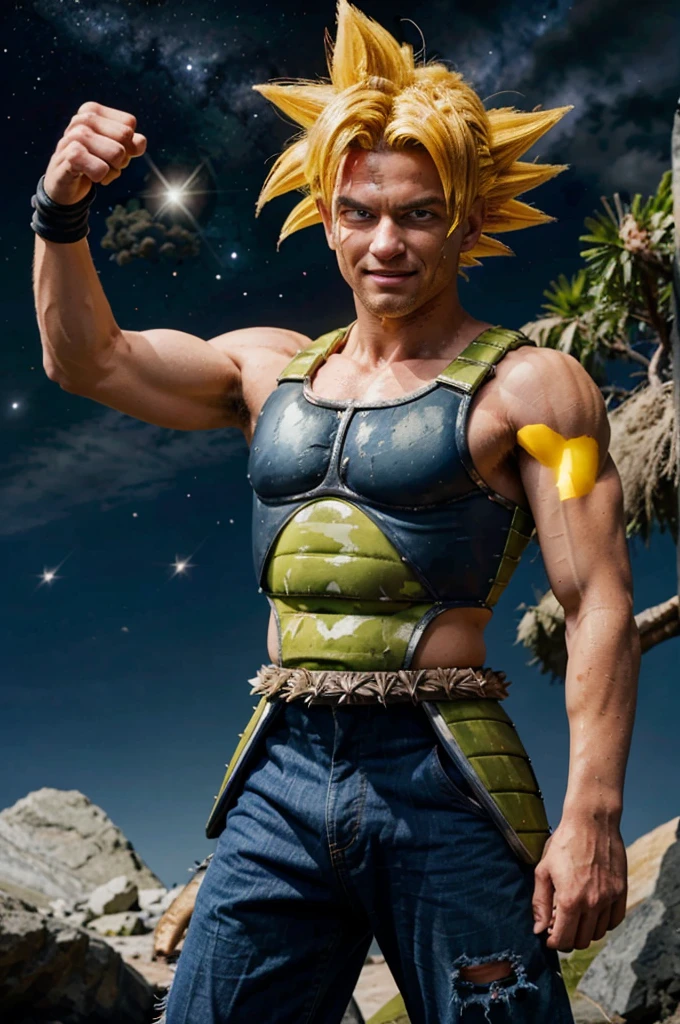 bardock, blue eyes, yellow hair,super sayan, spiky hair, headband, saiyan armor, pants, looking at viewer, serious, tired, grin, close up, 
space and stars background, arm raised, pointing at viewer, covered in blood, blood on face,  extreme detail, masterpiece,  