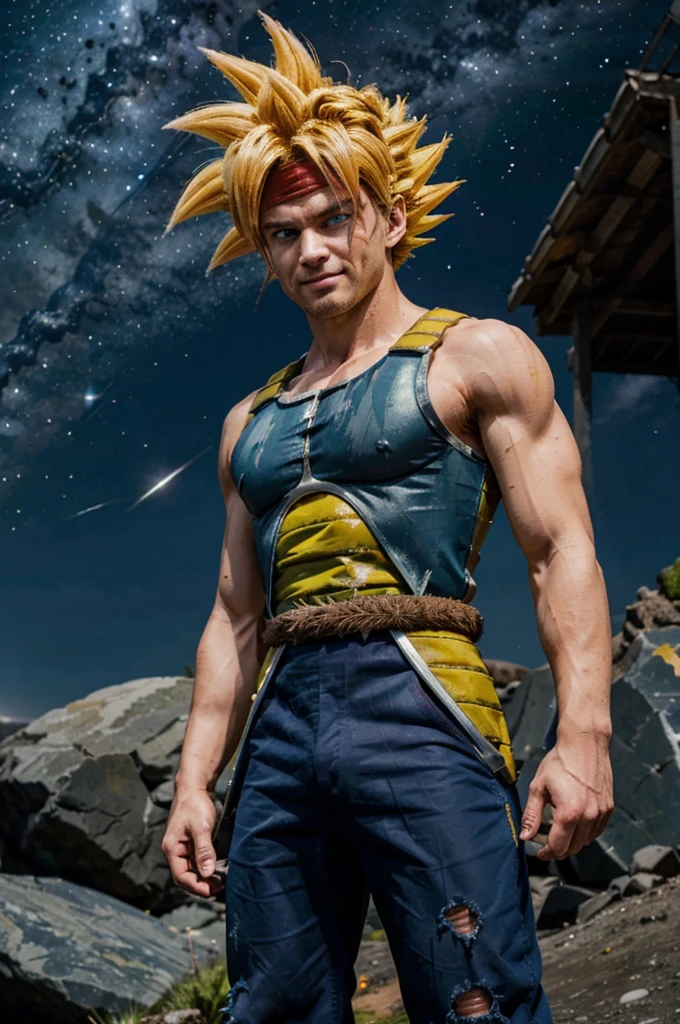 bardock, blue eyes, yellow hair,super sayan, spiky hair, headband, saiyan armor, pants, looking at viewer, serious, tired, grin, close up, 
space and stars background, arm raised, pointing at viewer, covered in blood, blood on face,  extreme detail, masterpiece,  