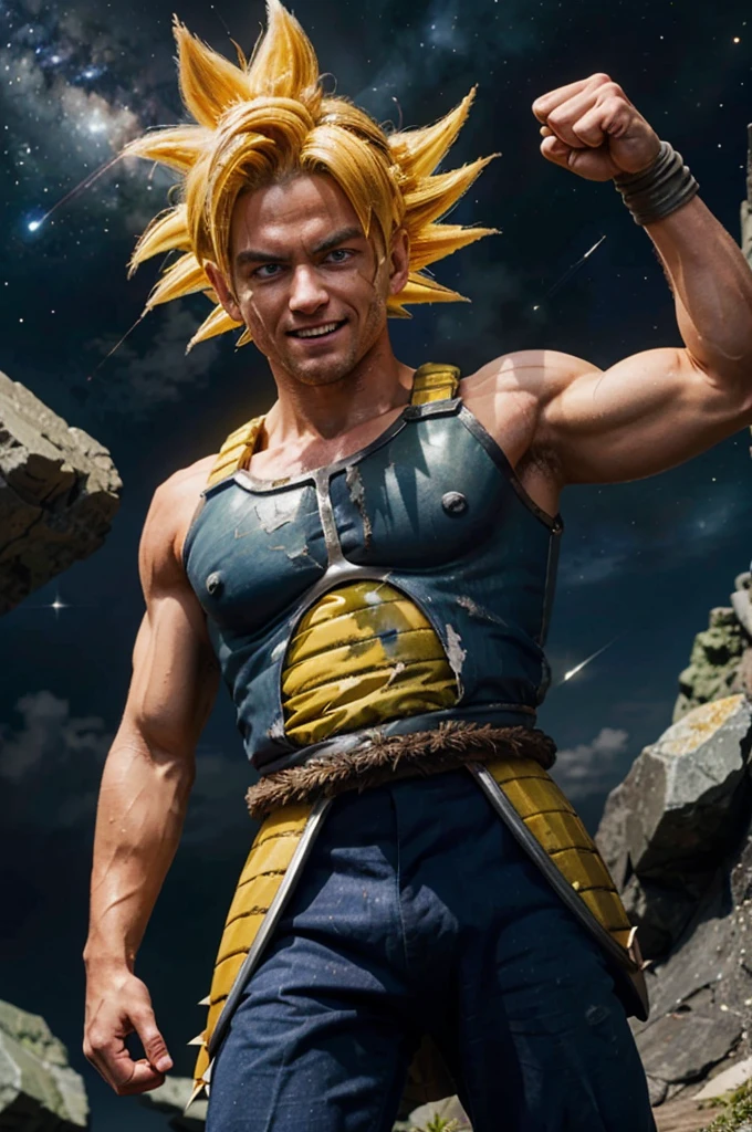 bardock, blue eyes, yellow hair,super sayan, spiky hair, headband, saiyan armor, pants, looking at viewer, serious, tired, grin, close up, 
space and stars background, arm raised, pointing at viewer, covered in blood, blood on face,  extreme detail, masterpiece,  