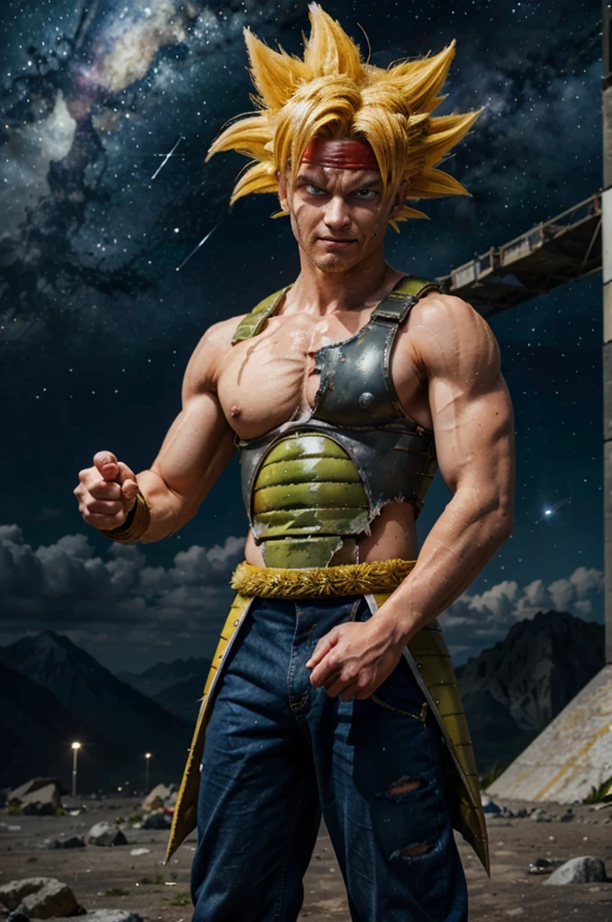 bardock, blue eyes, yellow hair,super sayan, spiky hair, headband, saiyan armor, pants, looking at viewer, serious, tired, grin, close up, 
space and stars background, arm raised, pointing at viewer, covered in blood, blood on face,  extreme detail, masterpiece,  