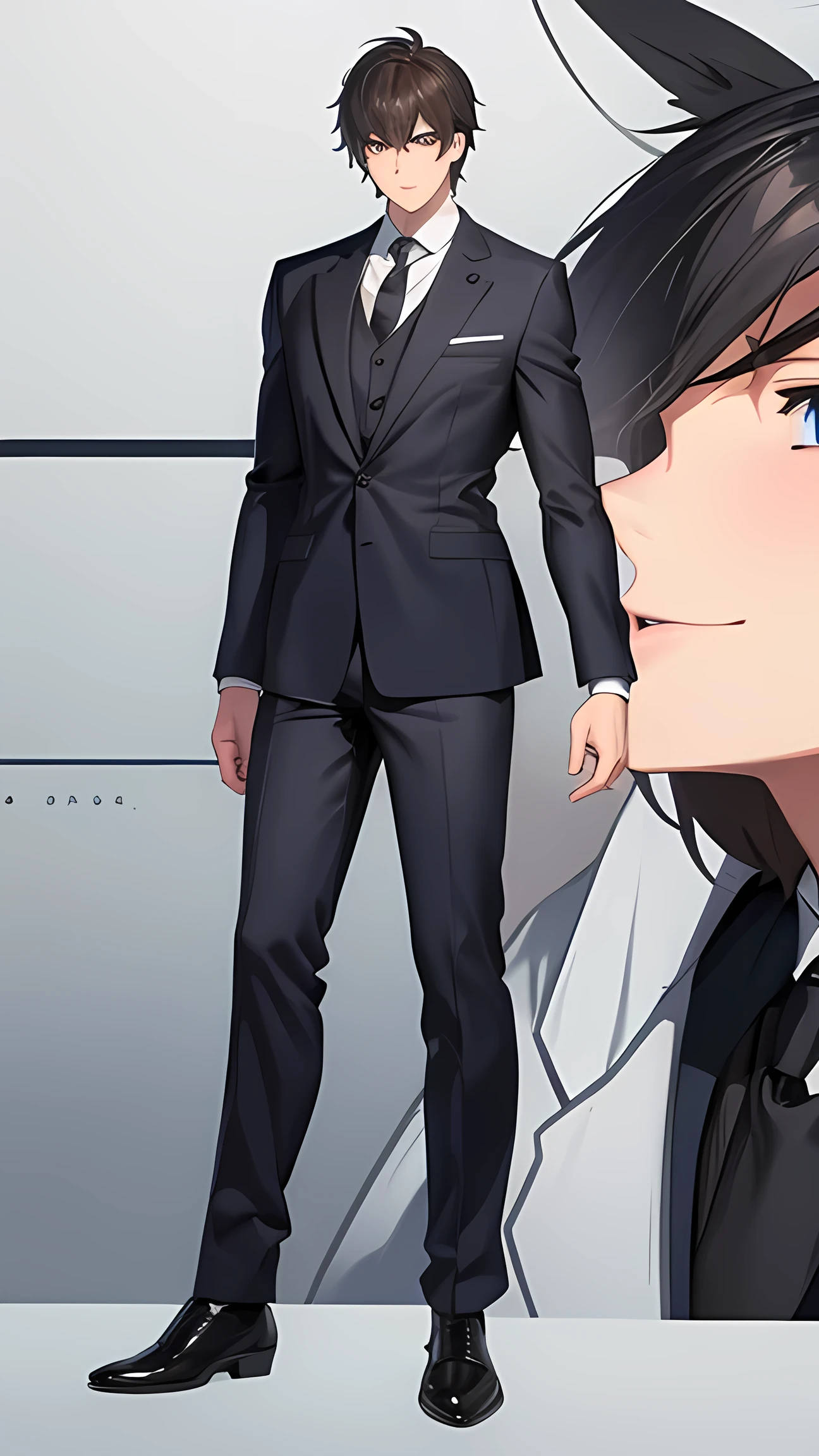Male cartoon character wearing a suit and tie, Full body details, Zoomed out whole body, Tall anime guy with blue eyes, full body portrait, Full body close-up shot, He is wearing a suit, Short full body portrait!, Single character full body, The whole body is photographed from behind in the center, Single character