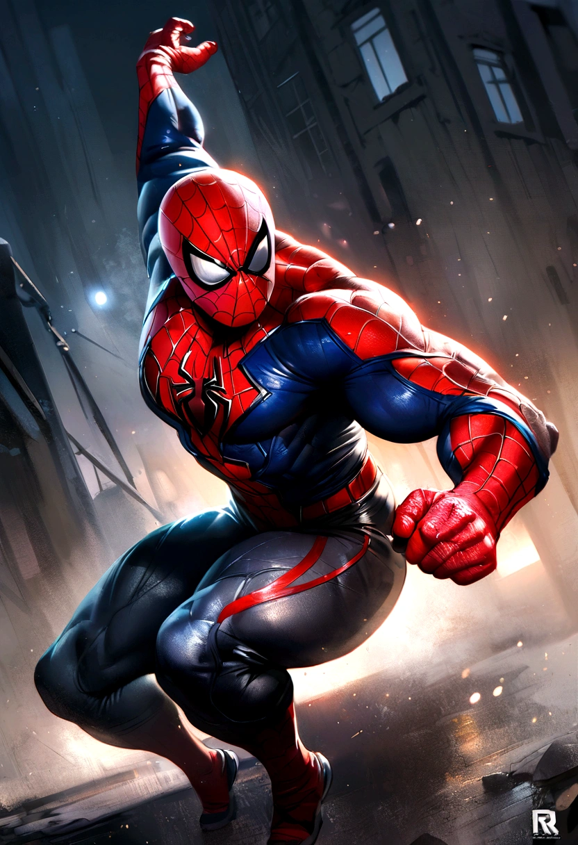 Spider man,realisitic,hyper realism, Athletic muscle,with textured saturated red and blue trage. And a jacket over the suit