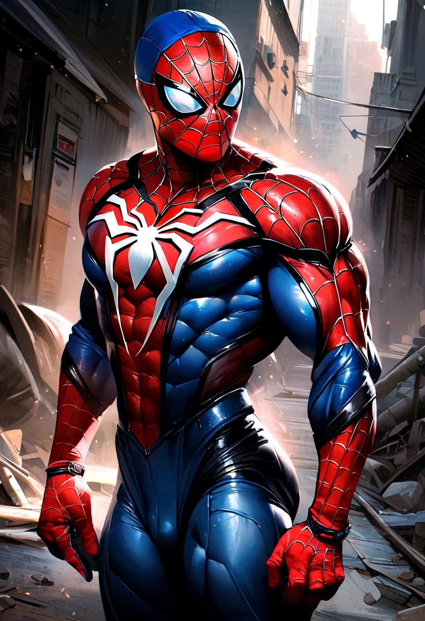 Spider man,realisitic,hyper realism, Athletic muscle,with textured saturated red and blue trage. And a jacket over the suit