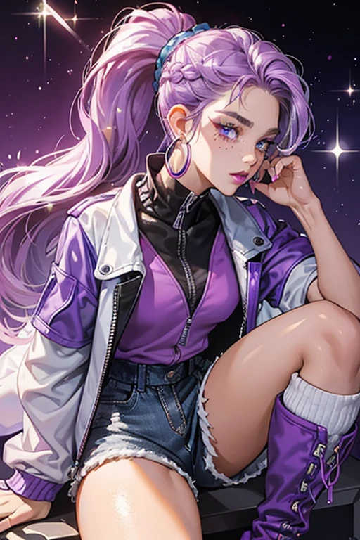 Bling Queen has braided sparkly purple hair in a pony tail. She has tan skin. She has dark blue eyes, freckles, magenta lipstick, magenta eyebrows and silver hoop earrings. She has a purple zipped-up jacket, and glitter blue short-shorts. She wears white knee-high socks, along with silver boots. SPARKLE; GLITTER