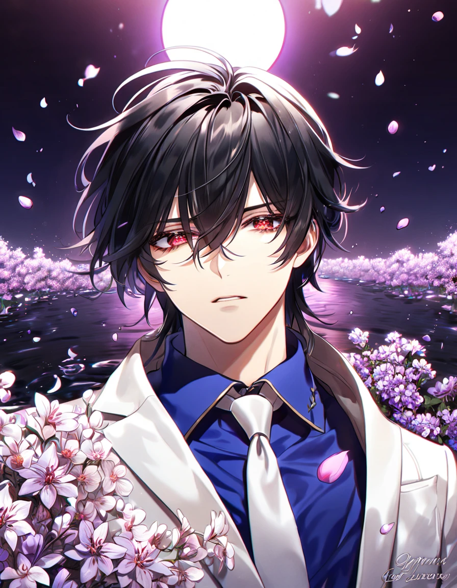 absurdres, highres, ultra detailed, HDR, master piece, best quality, Cadis Etrama Di Raizel, black hair, hair between the eyes, expressive red eyes, Noblesse, sexy man, solo, handsome, white jacket, blue shirt, white necktie, fantasy, purple flowers, blossoms, magical, purple petals, purple moon, water, fireflies
