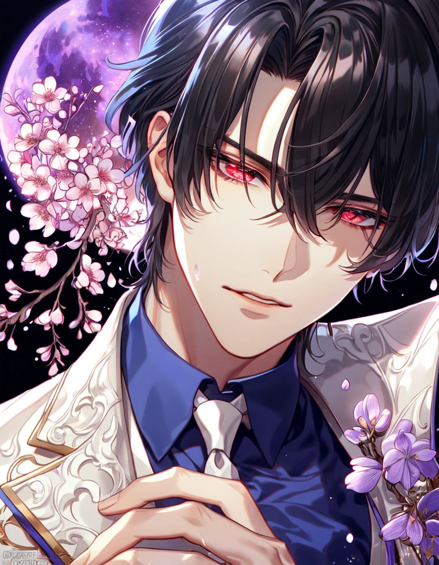 absurdres, highres, ultra detailed, HDR, master piece, best quality, Cadis Etrama Di Raizel, black hair, hair between the eyes, expressive red eyes, Noblesse, sexy man, solo, handsome, white jacket, blue shirt, white necktie, fantasy, purple flowers, blossoms, magical, purple petals, purple moon, water, fireflies