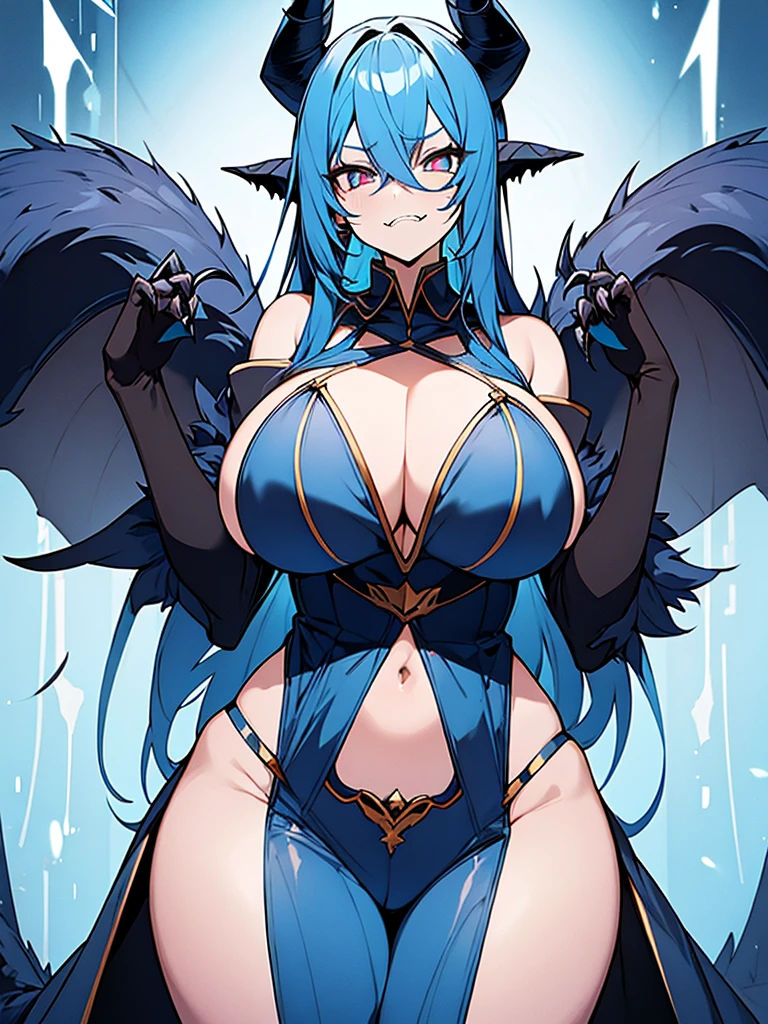 1monster girl, monster details, blue horns, long blue monster tail, short messy blue hair, blue hair covering eyes, white eyes, fangs, serious face, black jumpsuit with blue details, claws, big breasts, big ass, laboratory background