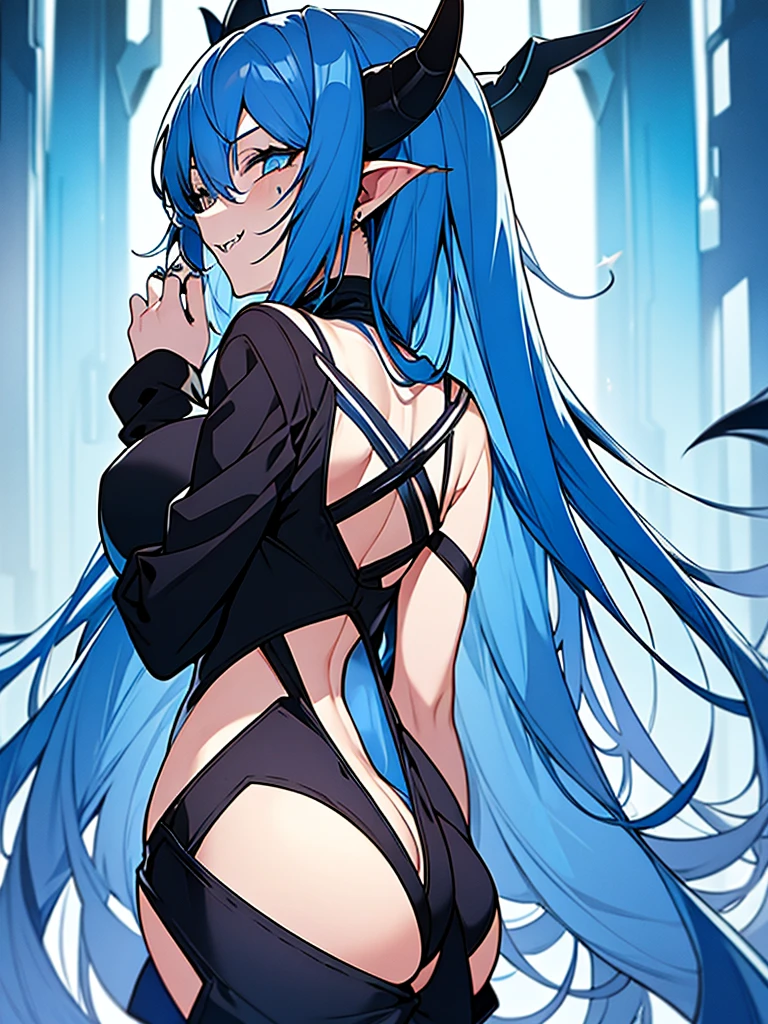 1monster girl, monster details, blue horns, long blue monster tail, short messy blue hair, blue hair covering eyes, white eyes, fangs, serious face, black jumpsuit with blue details, claws, big breasts, big ass, laboratory background