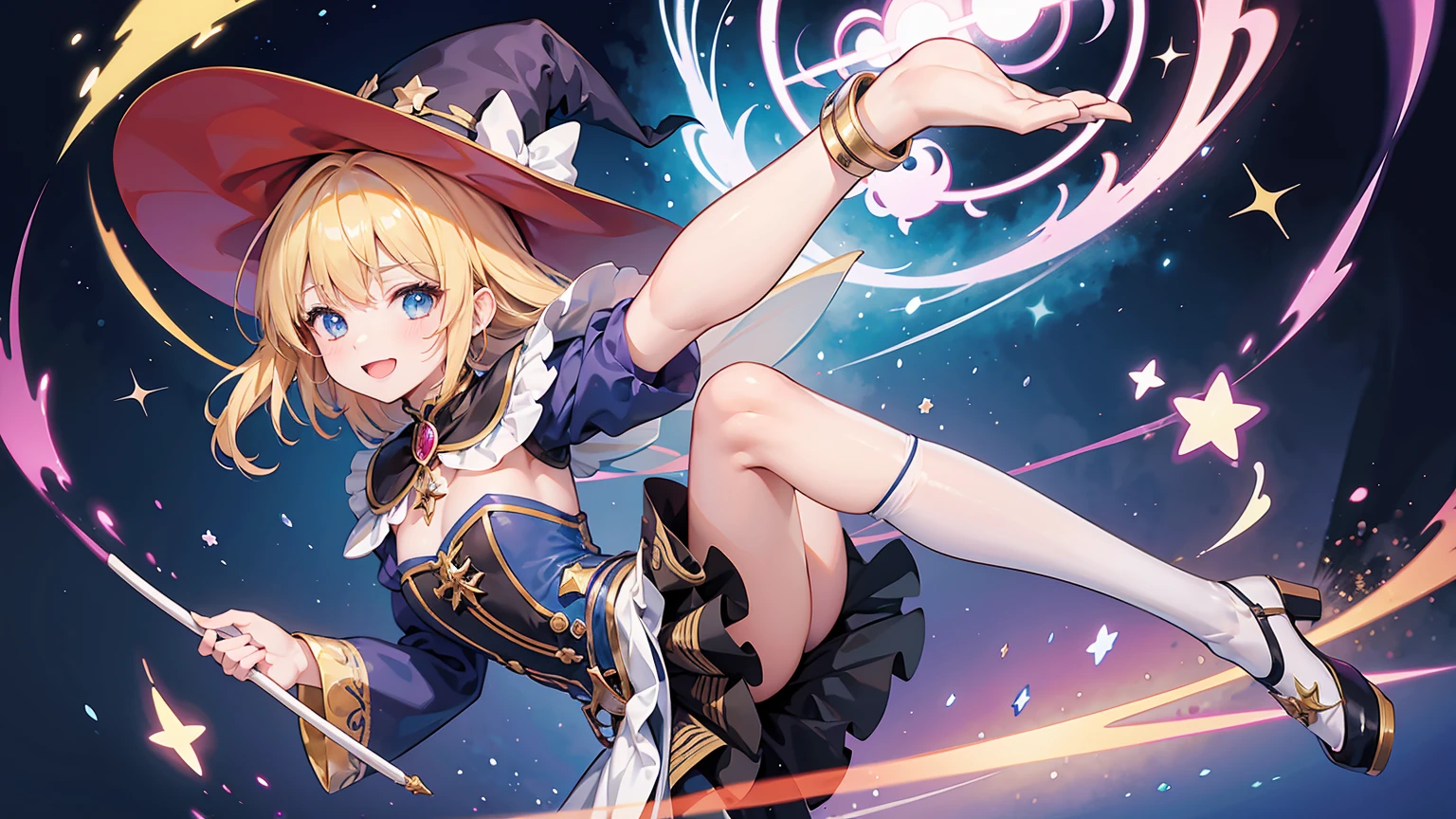 The image depicts a colorful fantasy-style artwork. In the center, there is a witch with blonde hair wearing a large hat, appearing as if she is dancing in mid-air. She is dressed in a classic witch attire, with a frilly white and black dress and black shoes. The witch is extending one hand forward, holding a magic wand in the other hand, smiling happily. In the background, blue magical light surrounds the witch, with yellow star motifs scattered around. Furthermore, on the right side, a small fairy-like character is depicted, dressed in red clothing, riding a miniature broomstick, appearing to shout about something. Overall, the image exudes a magical atmosphere filled with movement and vitality. It incorporates elements of character design found in anime and manga, appealing to fans of fantasy aesthetics.
