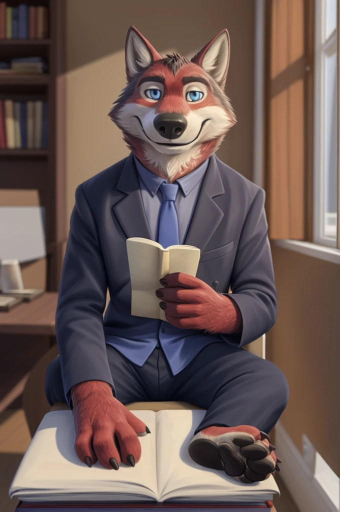 Ivan Fedorovich Wolfbach (Novosibirsk) ,tall handsome, wolf,young, 24 years, brown fur,Kind,(red body:1.3),beautiful blue eyes,Novosibirsk,dressed, shirt, purple tie, trousers, , wolf, detailed fur, male,paw pads, finger claws,At the viewer, 5 fingers, paws, 5 fingers, smile, wrist watch, т nextel,by xenoforge, (difficult, high detail, digital photography, soft focus, RAW variety вкдущий передачи,Very close to the camera, variety,Novosibirsk, smile, good mood, positive, Very close to the camera, is sitting, poet of books, is sitting за компьютером столом, apartment, holding a pen, 
Photorealism, realistic, digital style, Subsurface scattering,I look at the viewer,smdit writes a book, a glass of water, handle, paper, 
masterpiece, Best quality, ultra realistic, 8 thousand.)