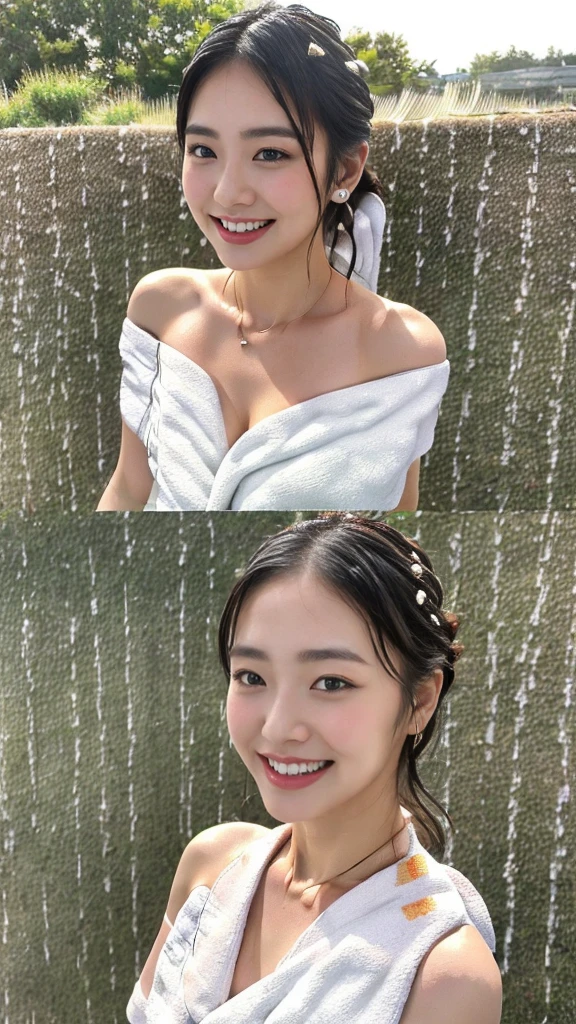 (((Expressing happiness through facial expressions:1.3)),(Hot Spring Resort),(((Hide your breasts with a white towel:1.7))),(((Immerse yourself in the open-air bath up to your shoulders:1.3))),(((Off the shoulder:1.3))),No shoulder straps,Very beautiful woman,(reddish brown wet shiny hair),(Intricate braids and beaded twisted ponytail buns,Braided setup fishbone hair,),(See-through bangs),,Blushing cheeks,Pointed red mouth,big breasts,Emphasize the chest,Perfect body curves,Beautiful clavicle,Wet Hair,Wet Face,Wet body,Wet Skin,Blushing cheeks、Smile shyly、(Beautiful adult woman)、blushing with embarrassment、Enchanted eyes、A smile that confuses the viewer、Check out the photographer、Sweaty skin、Staring at the audience、Upper body naked、necklace、Earrings、Pointed red mouth,Perfect round face,,Proper body balance,Intricate details,Very delicate and beautiful hair,Realistic photo,dream-like,Professional Lighting,Realistic Shadows,Focus Only,Beautiful Hands,Beautiful fingers,Detailed functions of the fingers,Detailed clothing features,Detailed characteristics of hair,Detailed facial features,(Tabletop,highest quality,Ultra-high resolution output images,) ,(8K quality,),(SeaArt 2 Mode.1:1.3),,(Picture Mode Ultra HD,)