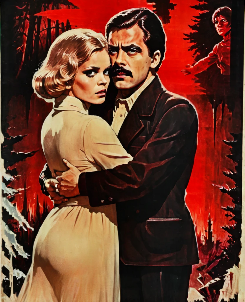 Create a retro poster with a surviving couple in the horror film. This film is from the 70s. The poster has a predominant color of black, red and beige. couple in the background a dark forest and the couple hugging each other in fear looking back