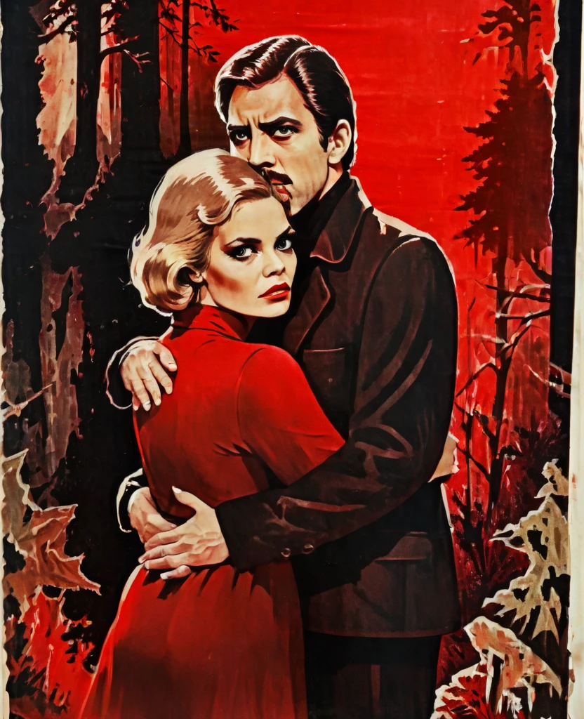 Create a retro poster with a surviving couple in the horror film. This film is from the 70s. The poster has a predominant color of black, red and beige. couple in the background a dark forest and the couple hugging each other in fear looking back