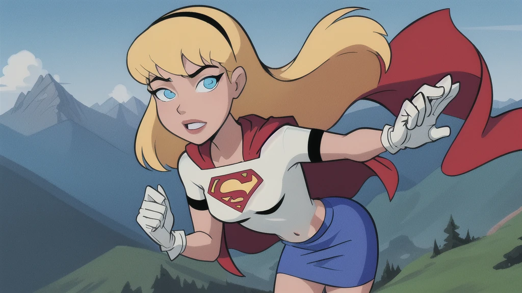 looking at viewer Artwork, best quality, 1 girl, Supergirl, blonde hair, long hair, hair tie, blue eyes, gloves, red cape, blue skirt, white shirt, blue sky, mountains background