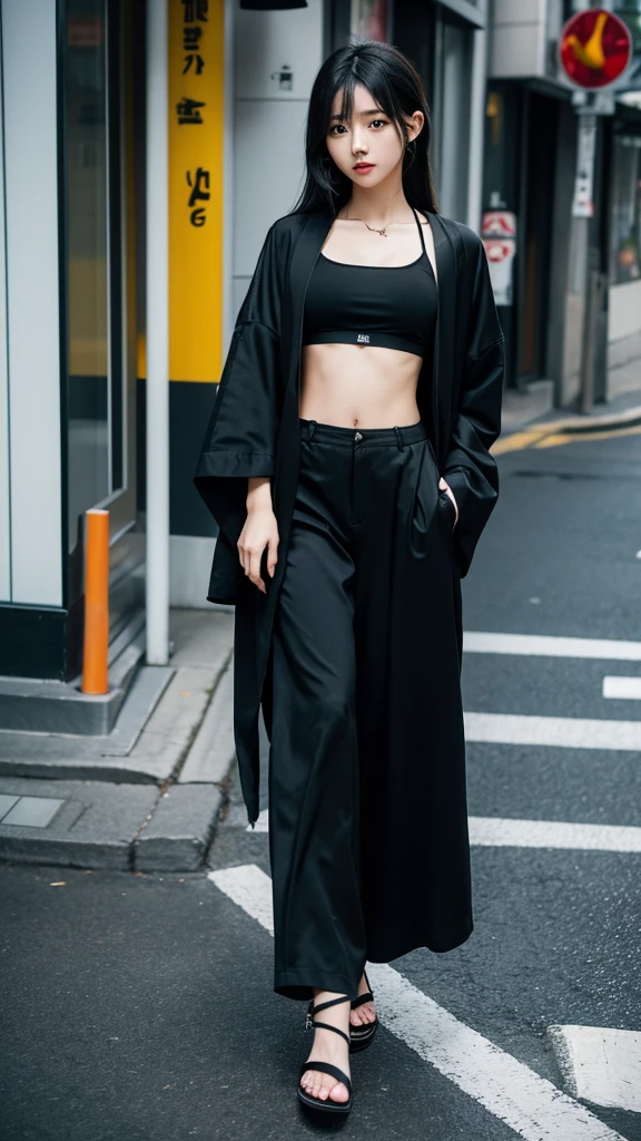 Japanese girl wearing a black robe jacket, wearing a crop top, trousers, wearing sandals, black hair details, has a slim stomach, photo on the sidewalk, 