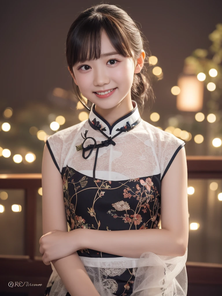 table top, highest quality, 8K, 10years old student girl, Ten generations, RAW photo, absurd, award-winning portraits, smile, alone, (night:1.8), idol face, violaces, delicate girl, Upper body, Digital single-lens reflex camera, looking at the viewer, Frank, Sophisticated,thin arms, professional lighting, film grain, chromatic aberration, (Eye and face details:1.0), (Bokeh:1.1) , (qipao dress:1.2) , close your mouth