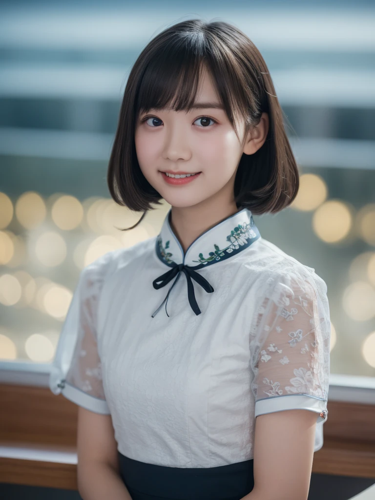 table top, highest quality, 8K, 10years old student girl, Ten generations, RAW photo, absurd, award-winning portraits, smile, alone, (night:1.8), idol face, violaces, delicate girl, Upper body, Digital single-lens reflex camera, looking at the viewer, Frank, Sophisticated,thin arms, professional lighting, film grain, chromatic aberration, (Eye and face details:1.0), (Bokeh:1.1) , (qipao dress:1.2) , close your mouth