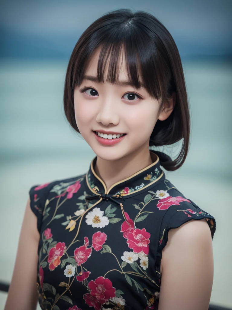 table top, highest quality, 8K, 10years old student girl, Ten generations, RAW photo, absurd, award-winning portraits, smile, alone, (night:1.8), idol face, violaces, delicate girl, Upper body, Digital single-lens reflex camera, looking at the viewer, Frank, Sophisticated,thin arms, professional lighting, film grain, chromatic aberration, (Eye and face details:1.0), (Bokeh:1.1) , (qipao dress:1.2) , close your mouth