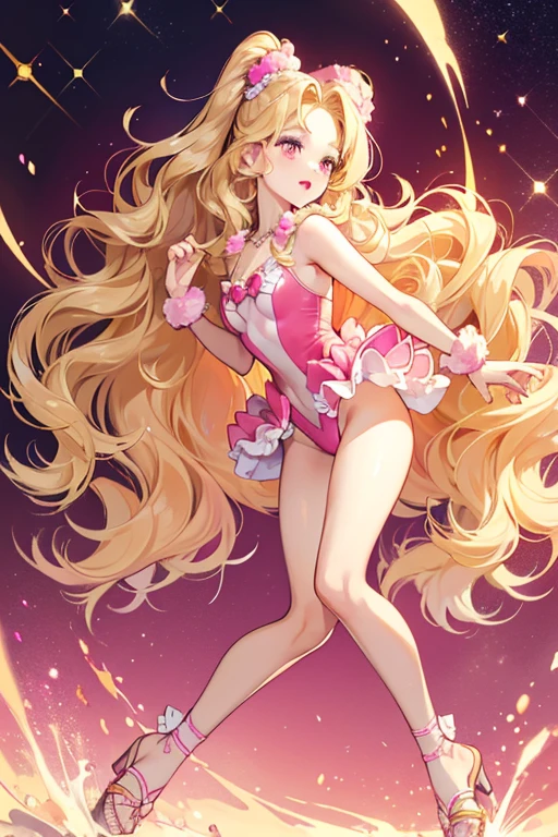 Glamour Queen has wavy blond hair. She has peach skin. She has brown eyes, and pink lipstick. She has a magenta, ruffly, leotard, a white necklace, and a big bow on the back of her leotard. She has magenta sandals with pom poms. SPARKLE; GLITTER