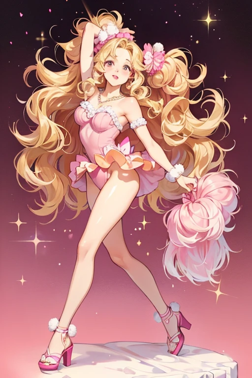 Glamour Queen has wavy blond hair. She has peach skin. She has brown eyes, and pink lipstick. She has a magenta, ruffly, leotard, a white necklace, and a big bow on the back of her leotard. She has magenta sandals with pom poms. SPARKLE; GLITTER