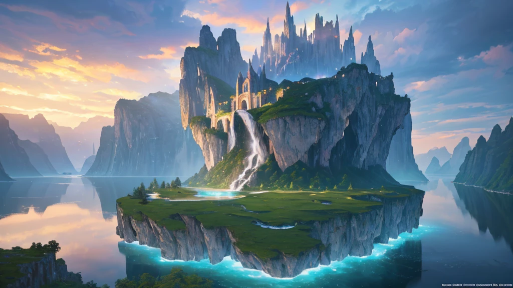 (a floating island in the sky), cliffs, forests, waterfalls, cascading rivers, ancient ruins, glowing crystals, ethereal lighting, dramatic clouds, serene atmosphere, vibrant colors, surreal dreamlike landscape, (best quality,4k,8k,highres,masterpiece:1.2),ultra-detailed,(realistic,photorealistic,photo-realistic:1.37),cinematic composition,epic fantasy,digital art