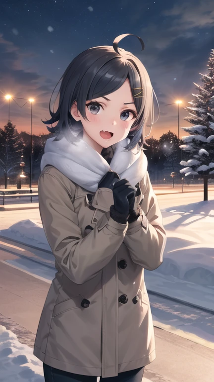 masterpiece, best quality, highres, aakomachi, short hair, ahoge, black eyes, hairclip, x hair ornament, winter clothes, snow, outdoors, park, open mouth, fang, cowboy shot