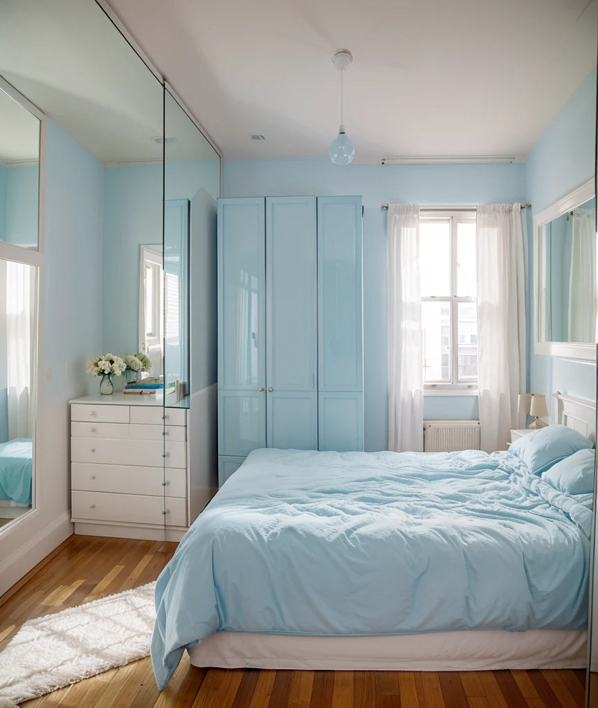 a room with a glass window a big soft blue bed with a teddy bear,un closet ,a white dresser and a television and a large mirror 