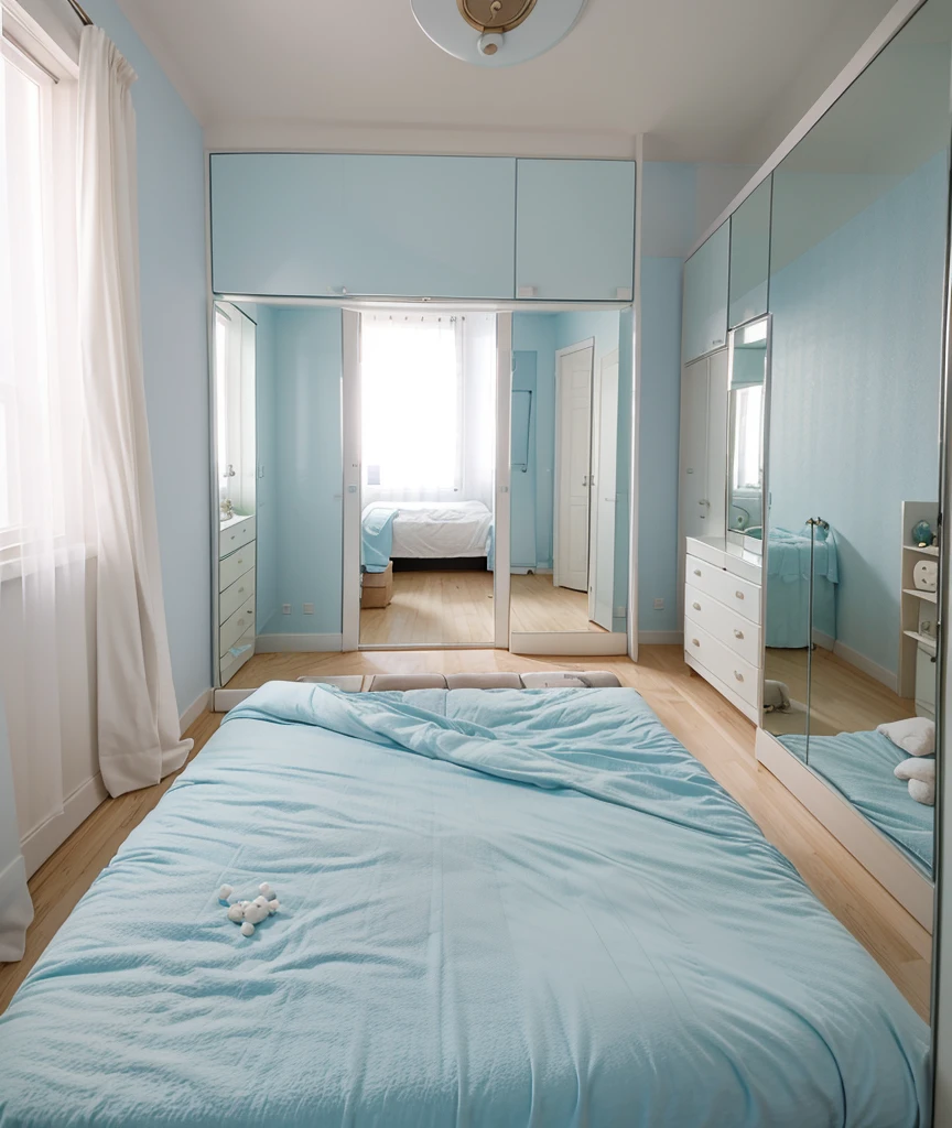 a room with a glass window a big soft blue bed with a teddy bear,un closet ,a white dresser and a television and a large mirror