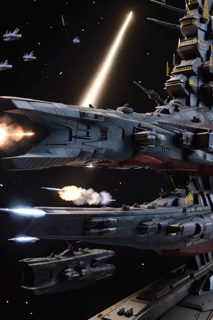 A side shot of a spaceship battleship firing a broadside with its turrets at distant spaceship that is trailing fire, masterpiece, best, photo realistic space battle