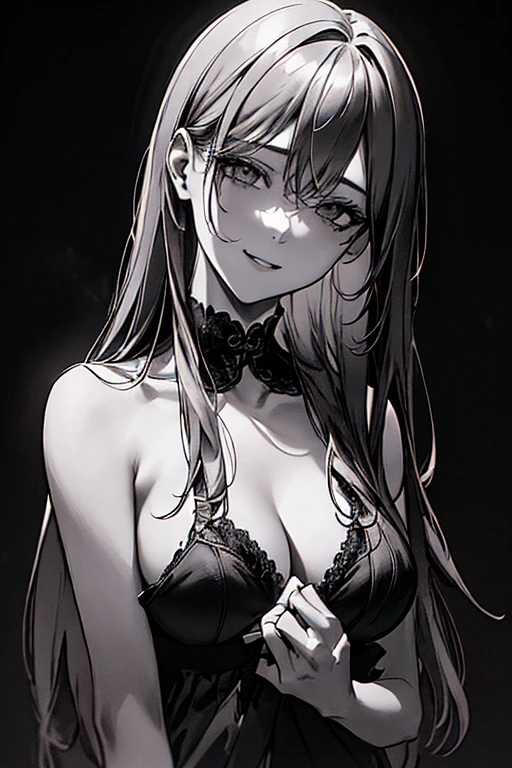 Highest quality, (Background details), High Contrast, Very beautiful woman, Detailed original illustrations、Brat、Provocative smile、Provocative、functional、Delicate face、Charm、sexy、Real breasts、Head close-up, Black background, (Black background: 1.5), Beautiful line art、Monochrome