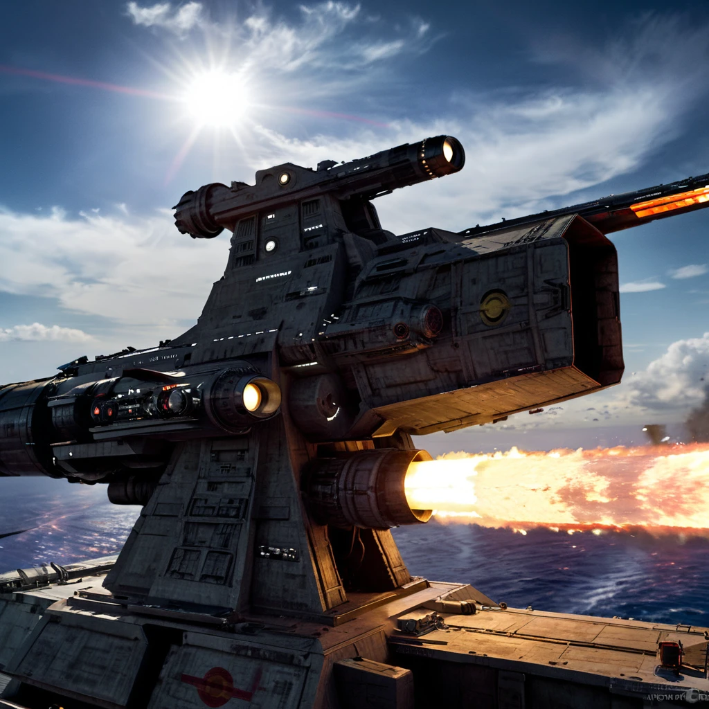 (Realistic photos, Photos taken by a professional photographer),universe, universe航空母艦, Firing a beam cannon,(Highest quality, 8K, masterpiece, Cinematic camera angles, Cinematic lighting)