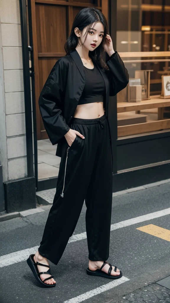 Japanese girl wearing a black robe jacket, wearing a crop top, trousers, wearing sandals, black hair details, has a slim stomach, photo on the sidewalk, 