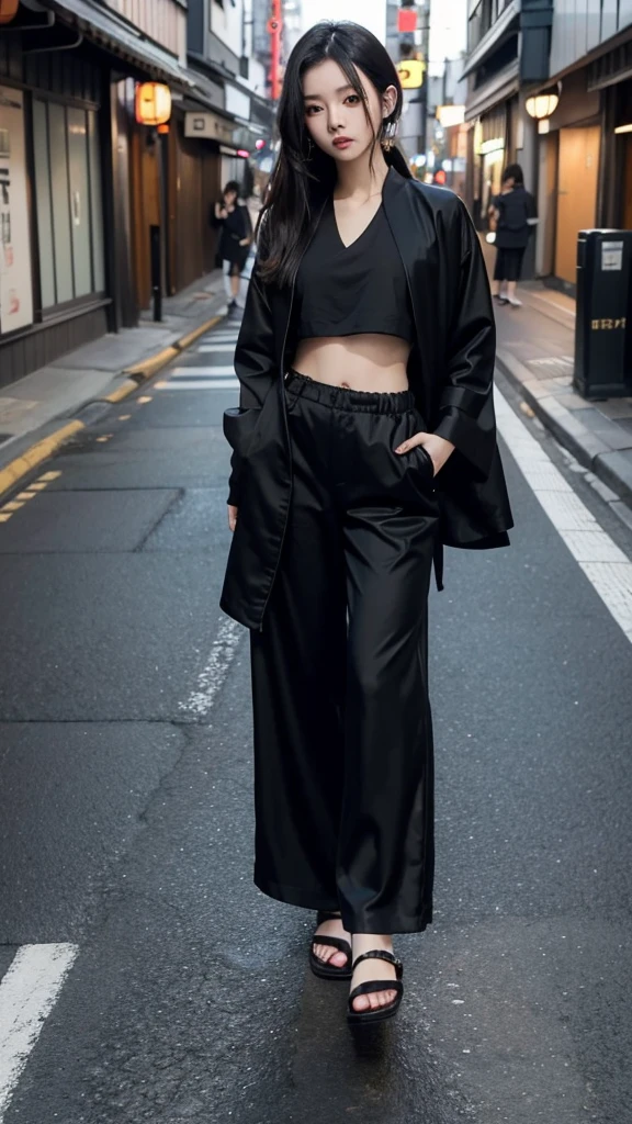 Japanese girl wearing a black robe jacket, wearing a crop top, trousers, wearing sandals, black hair details, has a slim stomach, photo on the sidewalk,