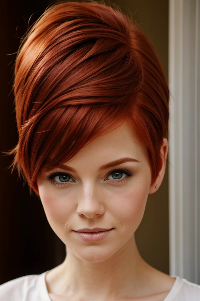 Redhead woman with short hair blushing 