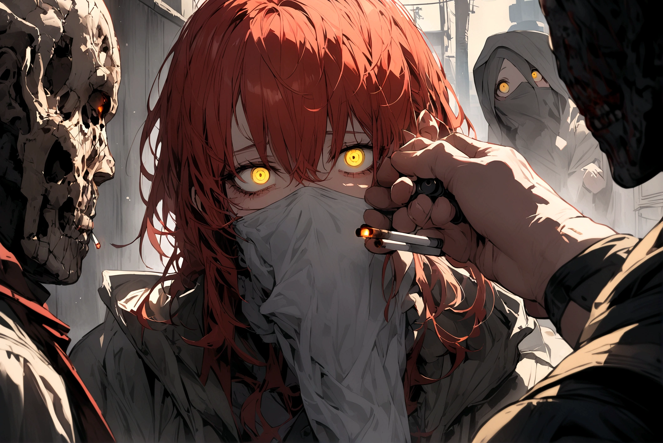 Red-haired girl, Yellow eyes, cold and dead eyes, holding a gun and a cigarette and looking at a person with a covered face and signs of torture on him