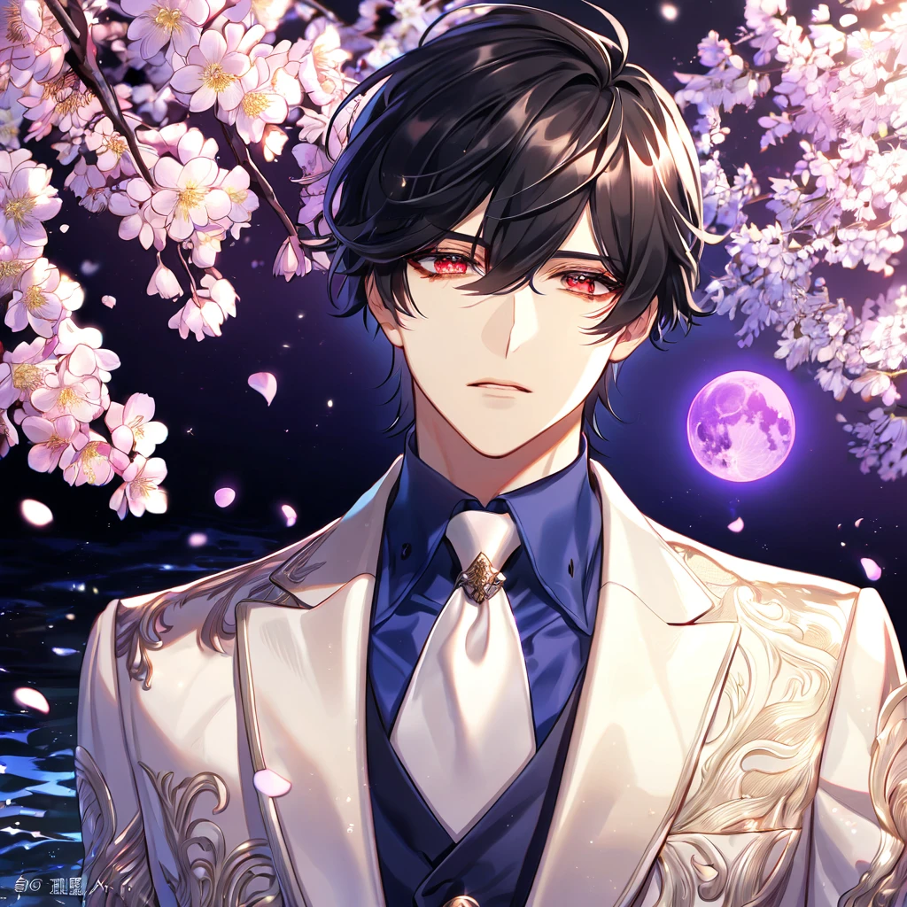 absurdres, highres, ultra detailed, HDR, master piece, best quality, Cadis Etrama Di Raizel, black hair, hair between the eyes, expressive red eyes, Noblesse, sexy man, solo, handsome, white jacket, blue shirt, white necktie, fantasy, purple flowers, blossoms, magical, purple petals, purple moon, water, fireflies