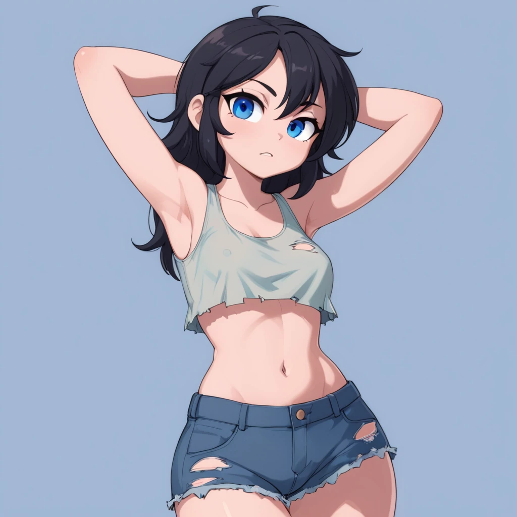 Ralph Bakshi Style, Curvy blue eyed girl with long wavy black hair and small breasts, nudity1.5, (extreme nsfw)2.5, torn tanktop, (tits out)1.5, lewd