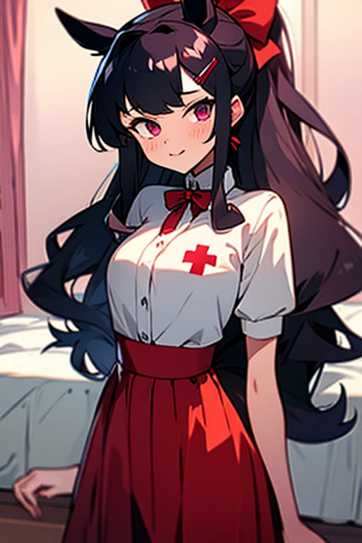 high tail hairstyle, Horse tail, Long wavy black hair, standing posing, anime girl style, pixel art anime style,penetrating look with deep eyes,red and purple eyes, hair with a ponytail hairstyle caught with a red bow, Women, hair clips red cross lines on the right side of her red hair, black hat, short white shirt, smiling face blush, standing in his bedroom, next to his bed