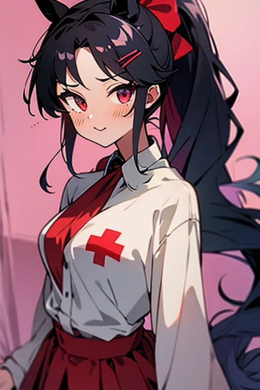 high tail hairstyle, Horse tail, Long wavy black hair, standing posing, anime girl style, pixel art anime style,penetrating look with deep eyes,red and purple eyes, hair with a ponytail hairstyle caught with a red bow, Women, hair clips red cross lines on the right side of her red hair, black hat, short white shirt, smiling face blush, standing in his bedroom, next to his bed