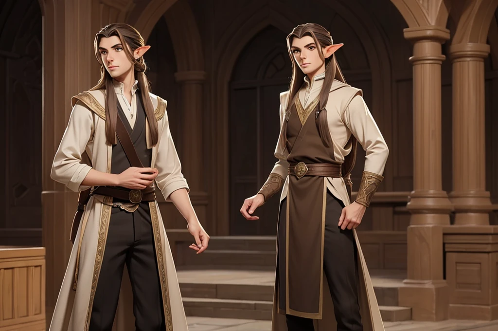 an elegant and personable half-elf, with a refined posture and delicate elven features inherited from his mother. His hair is long and brown, usually tied in a ponytail, and his eyes are a deep brown. He wears sophisticated clothes and always carries an air of mystery and knowledge. (digital art, fantasy art, RPG art)