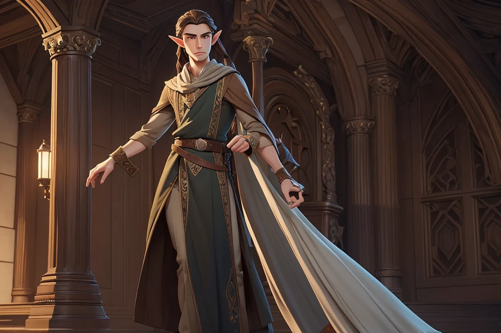 an elegant and personable half-elf, with a refined posture and delicate elven features inherited from his mother. His hair is long and brown, usually tied in a ponytail, and his eyes are a deep brown. He wears sophisticated clothes and always carries an air of mystery and knowledge. (digital art, fantasy art, RPG art)