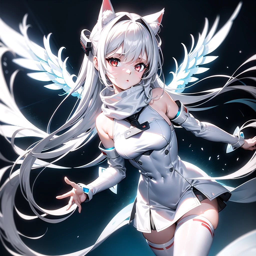 masterpiece, highest quality, highest resolution, clear_image, detailed details, White hair, long hair, cat ears, 1 girl, red eyes, white pantyhose, sci-fi military clothing, white scarf (white scarf around the neckwith a light blue glow), gray futuristic halo (gray halo over the head), white wings (4 wings), cute, no water marks, outer space