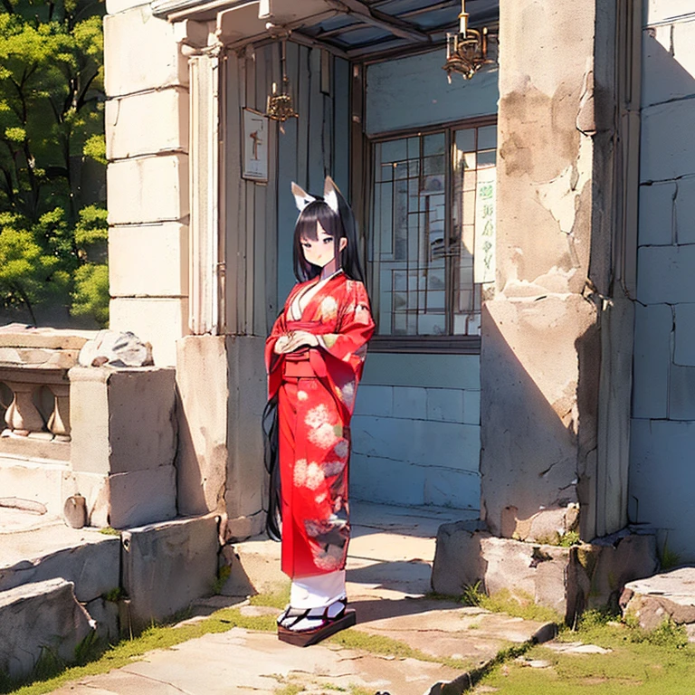 (Fox Girl, Fox Ears, Black colored hair, Fox Makeup, One Girl, Long Hair:1.6), (kimono, Kimono with open chest, A beautiful kimono with red and black patterns, I can see her cleavage, Open chest, Exposed skin:1.8), (Body measurements are 75-60-75!, Young girl body, Small breasts, Small breasts, Emphasize the chest, Knees are slightly visible, Muscular, Abdominal muscles, Hide your own chest with your hands:1.9), Avatar, face, lewd face, Dominant representation, naughty face, Uplifting, Skin Texture, outside, Grassy field