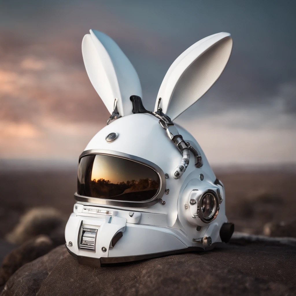 White astronaut helmet in the shape of a robot rabbit