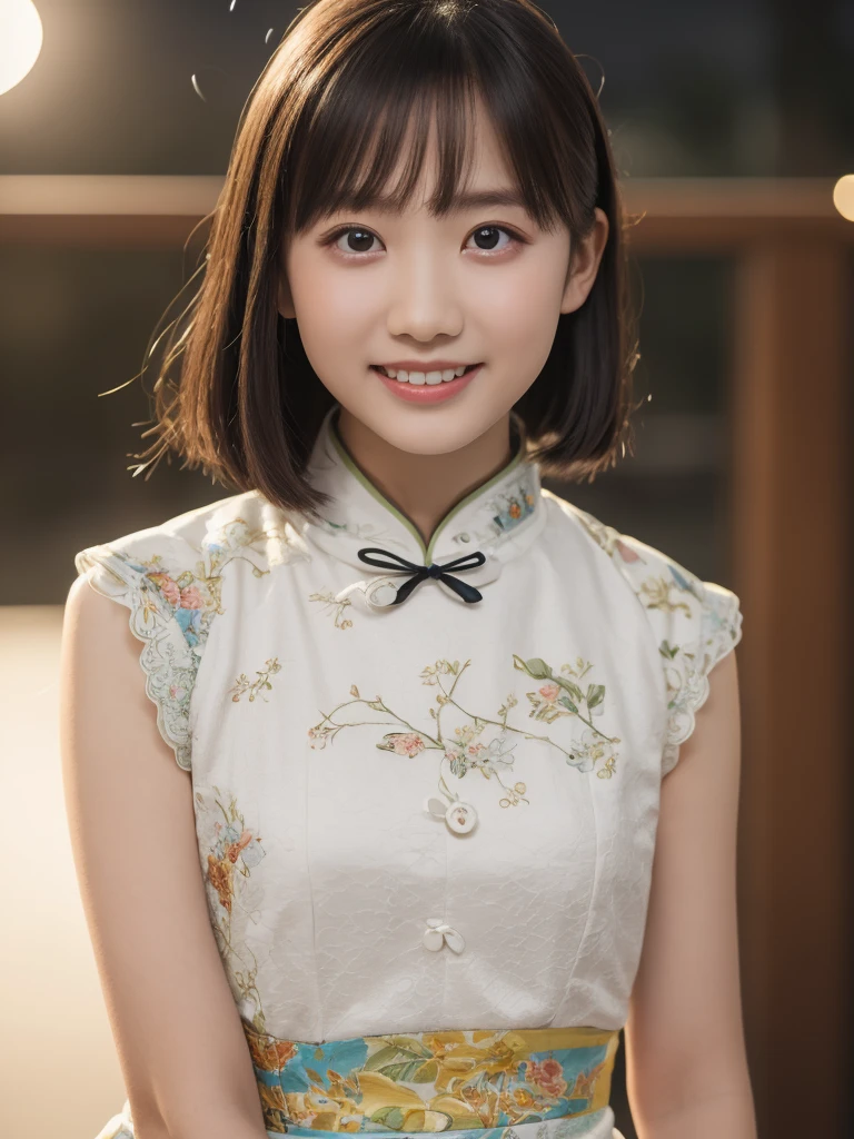 table top, highest quality, 8K, 10years old student girl, Ten generations, RAW photo, absurd, award-winning portraits, smile, alone, (night:1.8), idol face, violaces, delicate girl, Upper body, Digital single-lens reflex camera, looking at the viewer, Frank, Sophisticated,thin arms, professional lighting, film grain, chromatic aberration, (Eye and face details:1.0), (Bokeh:1.1) , (qipao dress:1.2) , close your mouth
