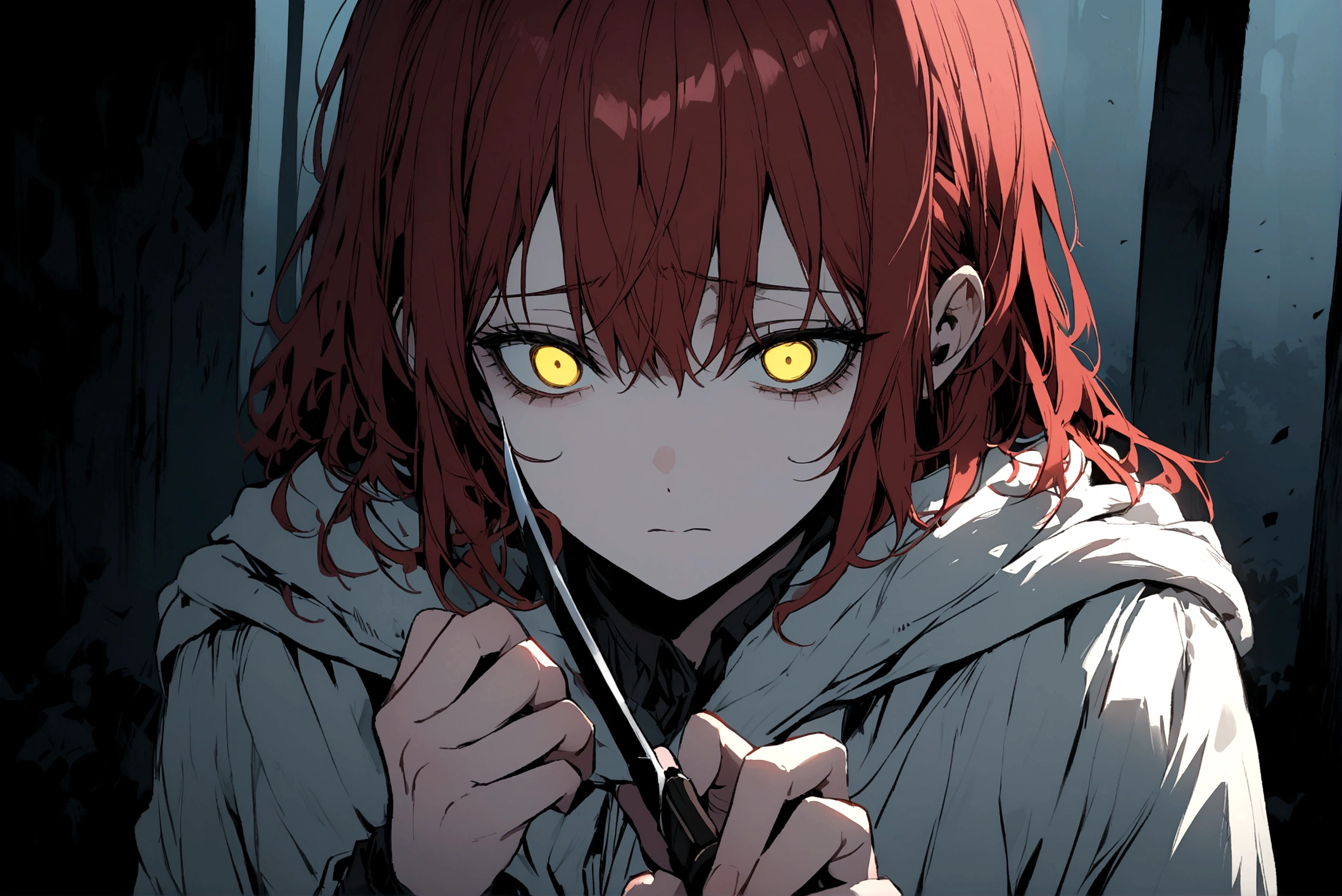 Red-haired girl, Yellow eyes, cold and dead eyes, holding a knife 